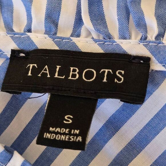 Talbots Womens Sea Breeze Blue White Ruffle Neck Cotton Sleeveless Top Small - Picture 2 of 10